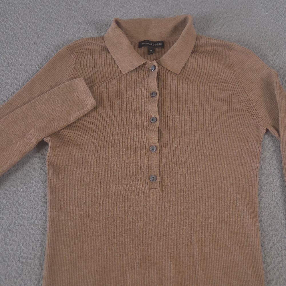 Banana Republic Sweater Womens M Brown Camel Ribbed Knit Long Sleeve Polo Henley
